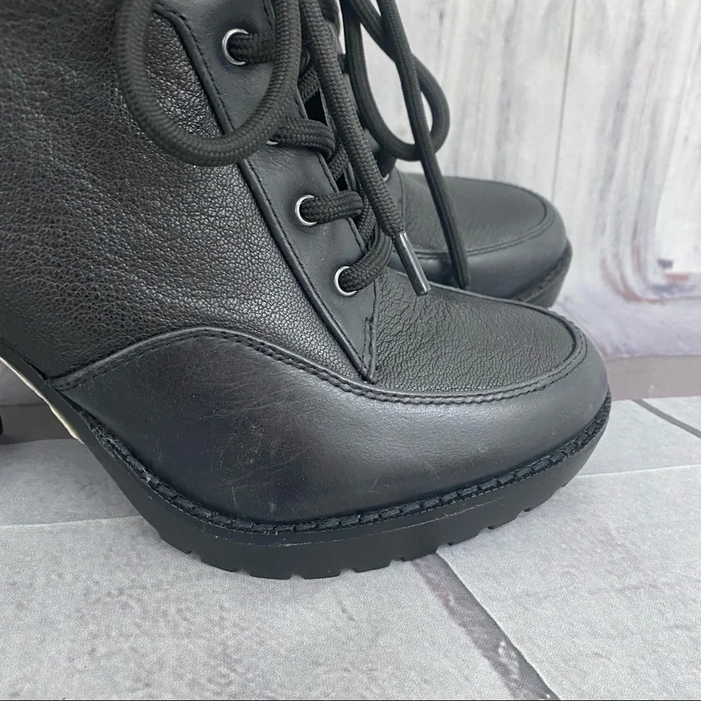 Antonio Melani Size 7.5M 7.5 Black Leather Lace Up Chunky Ankle Booties Zip - Picture 9 of 15